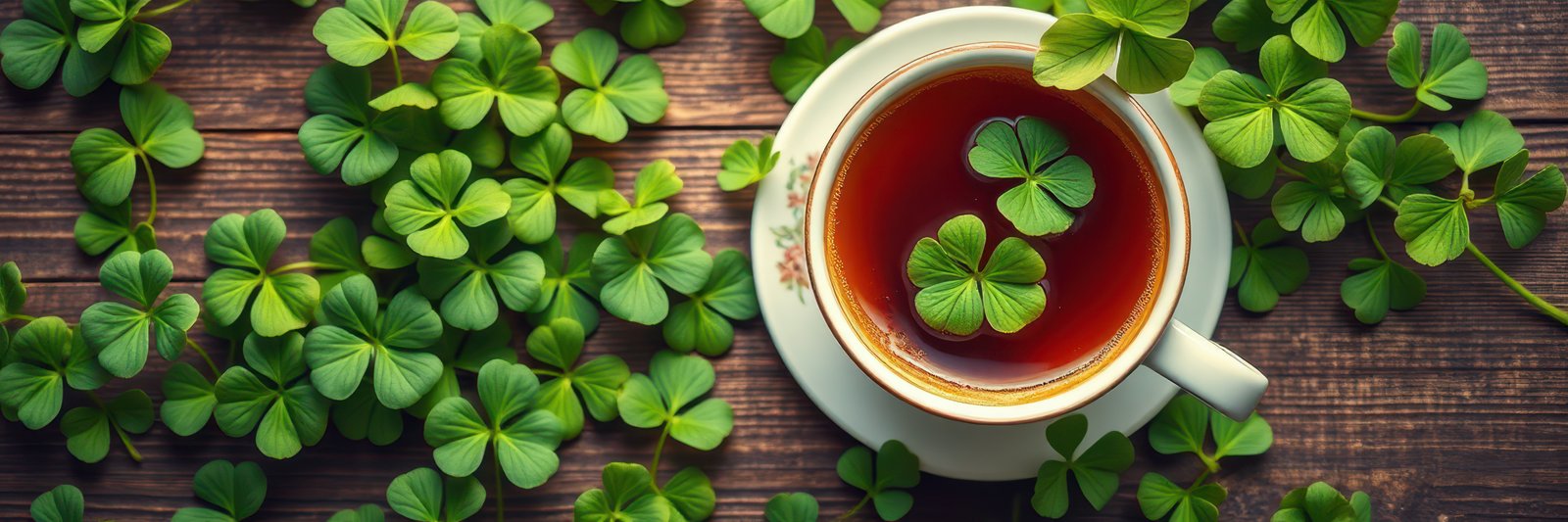 Fresh clovers surround tea cup on wooden table with natural light highlighting the scene